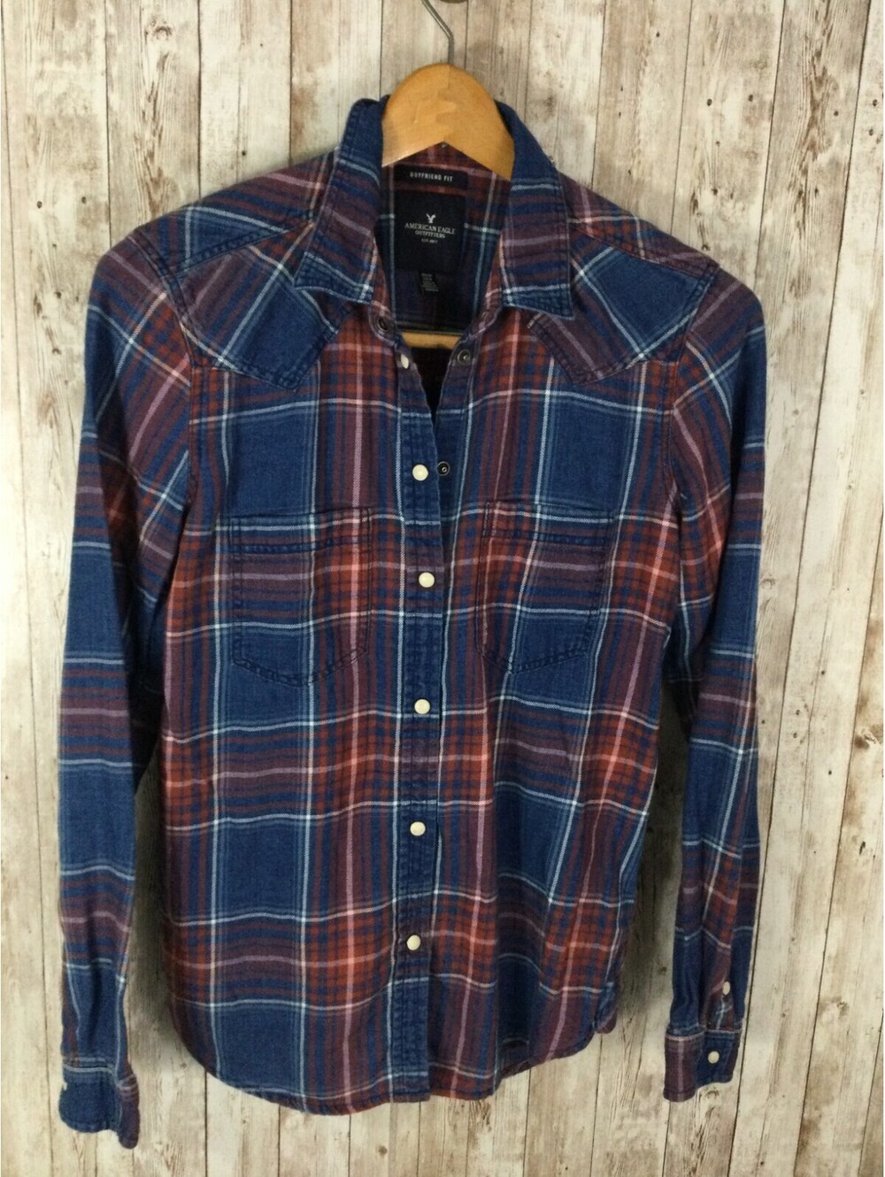 Women's American Eagle LS Shirt XS Boyfriend Fit Blue Plaid Snap Flannel Soft